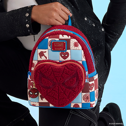 Blue background with model showcasing Loungefly Marvel Spider Man mini backpack