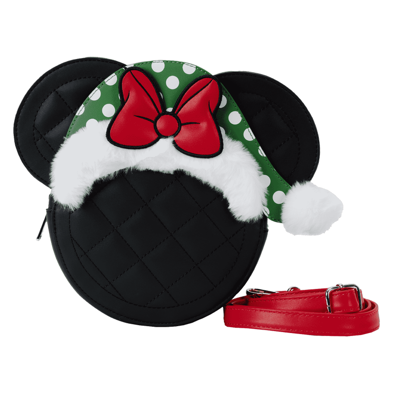 Loungefly crossbody bag featuring a quilted design on the front and an appliqué of Minnie Mouse's ears with a green and white polka dot Santa hat in the center. The bag sits against a plain white background.