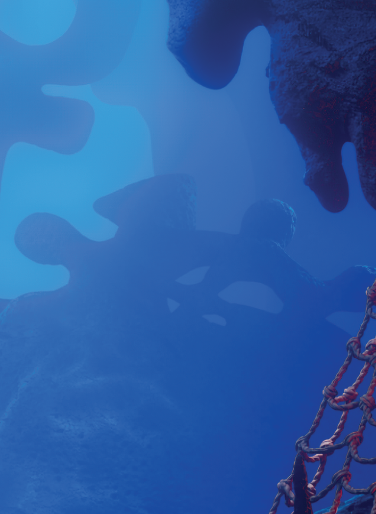 Cartoon underwater landscape with anchors, corals and pirate ship