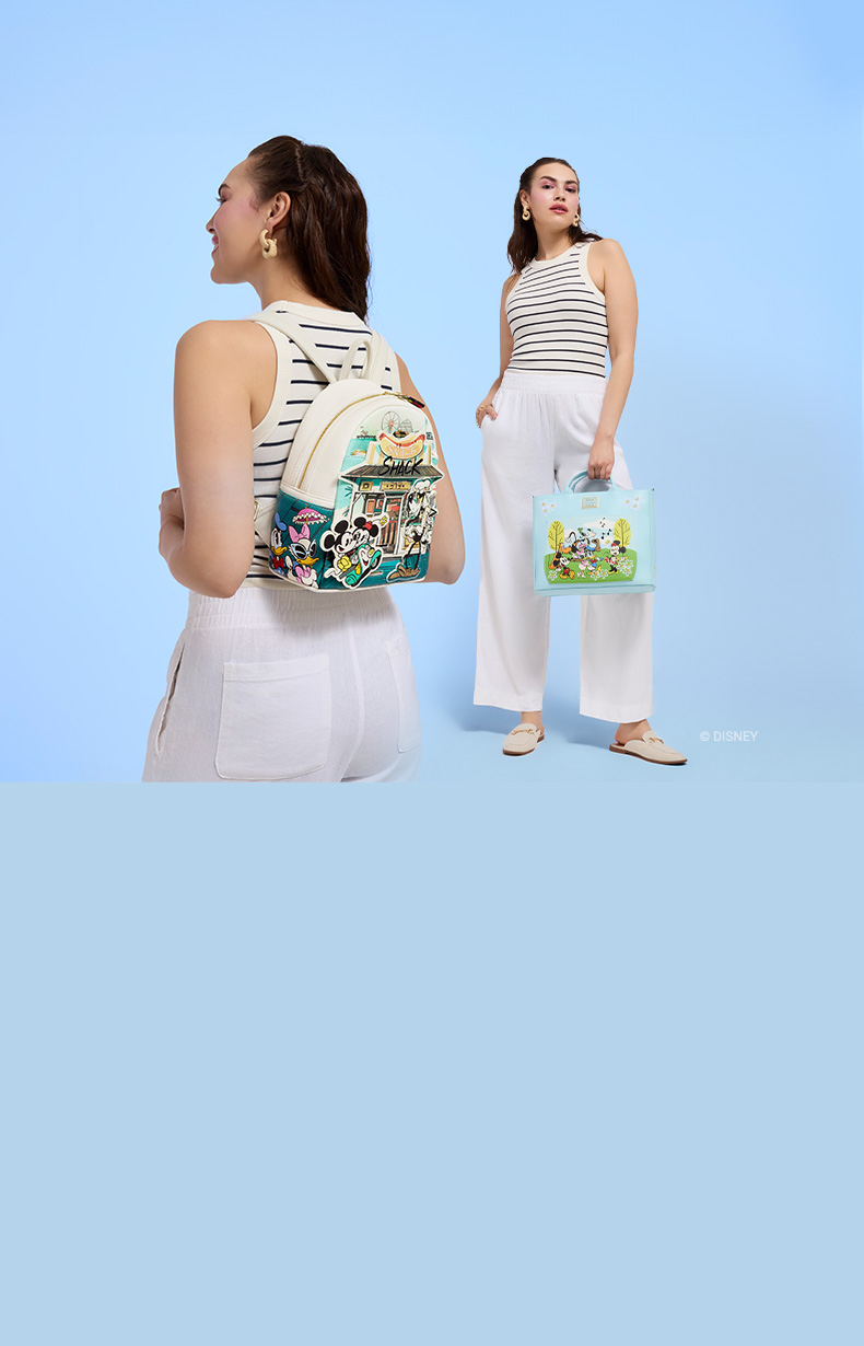 Blue background with model showcasing Loungefly June Disney Mickey & Minnie Runaway Railway Exclusive collection