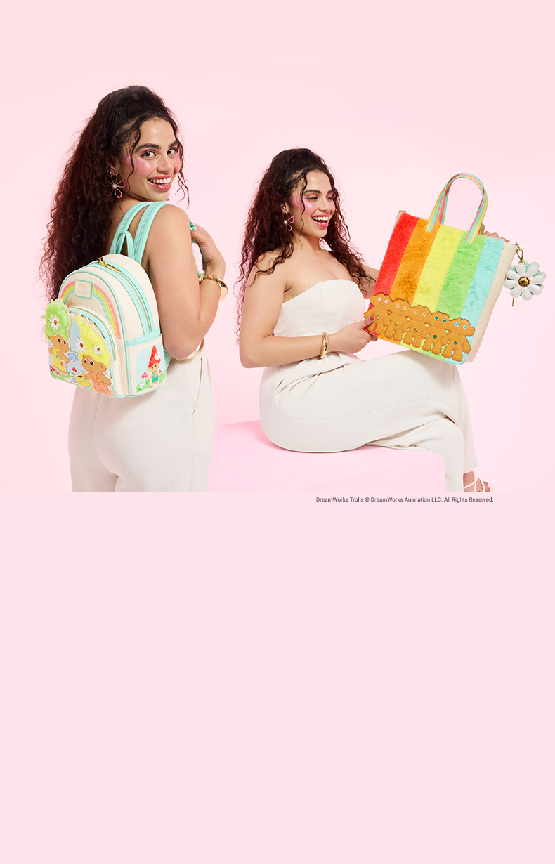 Pink background with model showcasing Loungefly June Good Luck Trolls collection