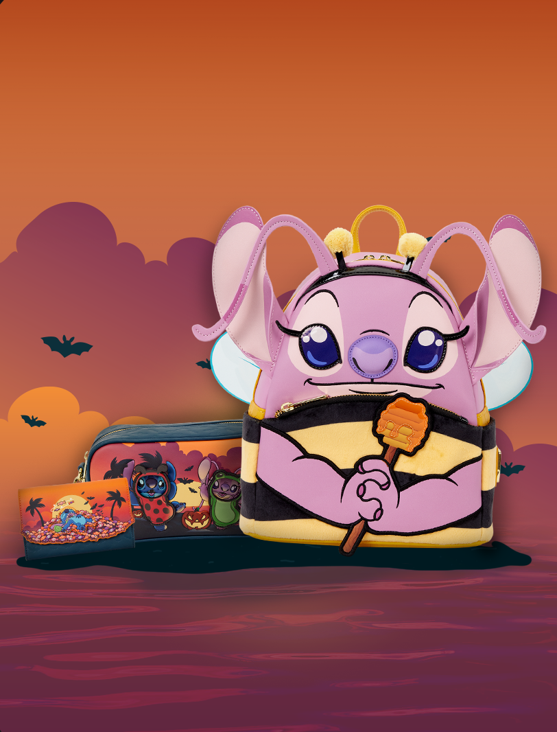 Orange Purple cloud background with Black bats featuring Loungefly Disney Lilo & Stitch Halloween collection