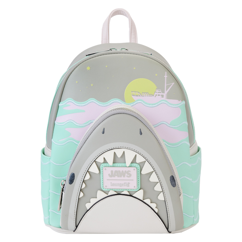 Loungefly Jaws Glow Mini Backpack, featuring a shark on the front against a teal and pink ocean background.