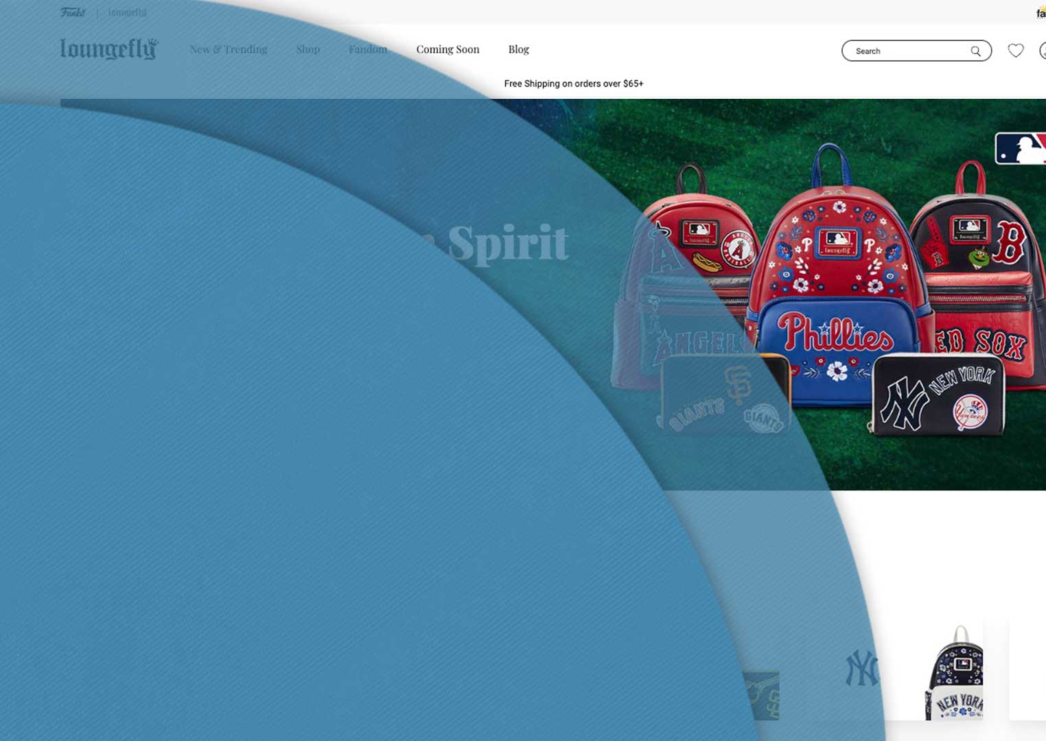 Dark blue circles overlaying Loungefly MLB landing page. Click to learn more!