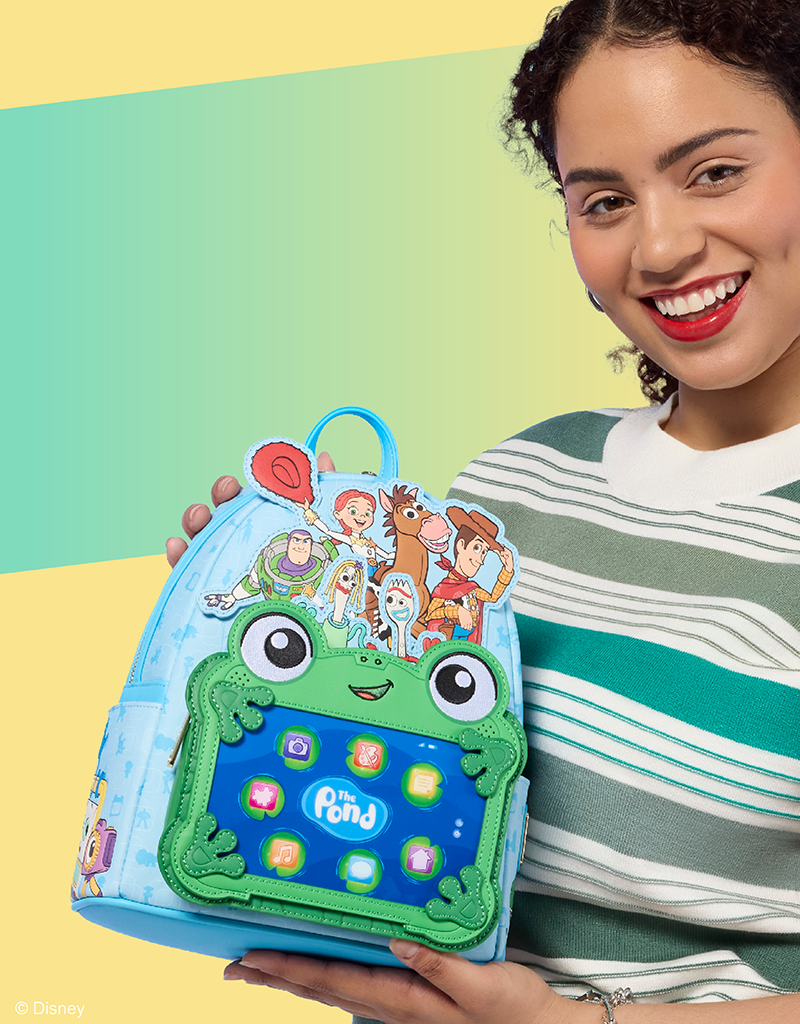 Pastel colored background with model holding Loungefly Disney Pixar Toy Story 5 mini backpack