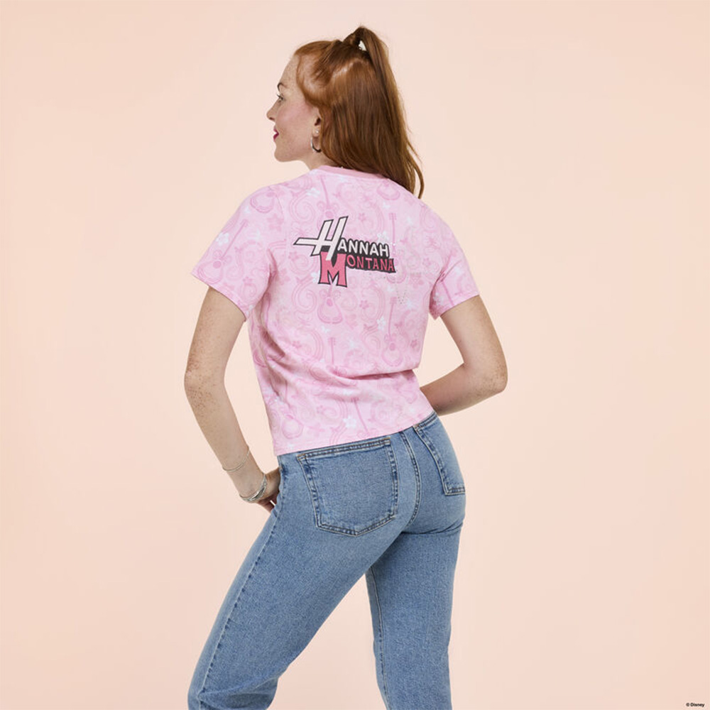 Tan background with model wearing Loungefly Hannah Montana tee