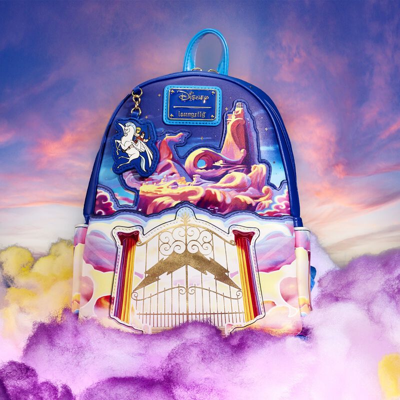 Mini backpack featuring Olympus and its golden front gates against a sunset background and purple and gold clouds