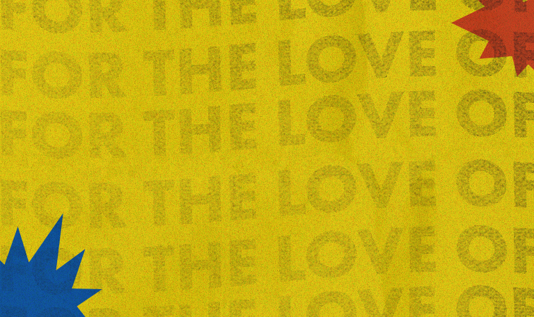 Yellow background with "For the Love of POP!" text overlay pattern and Blue/Yellow color bursts