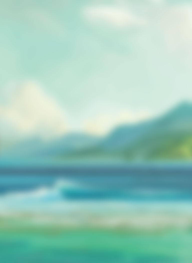 Blurred tropical island background with mountains and wavy ocean