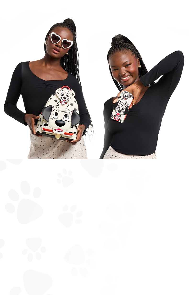 White background with subtle paw prints pattern and model showcasing Exclusive Loungefly Disney 101 Dalmatians collection