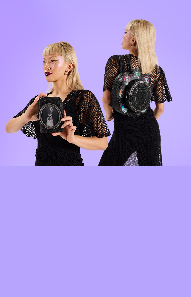 Purple background with model showcasing Loungefly August Universal Monsters Cameos exclusive collection