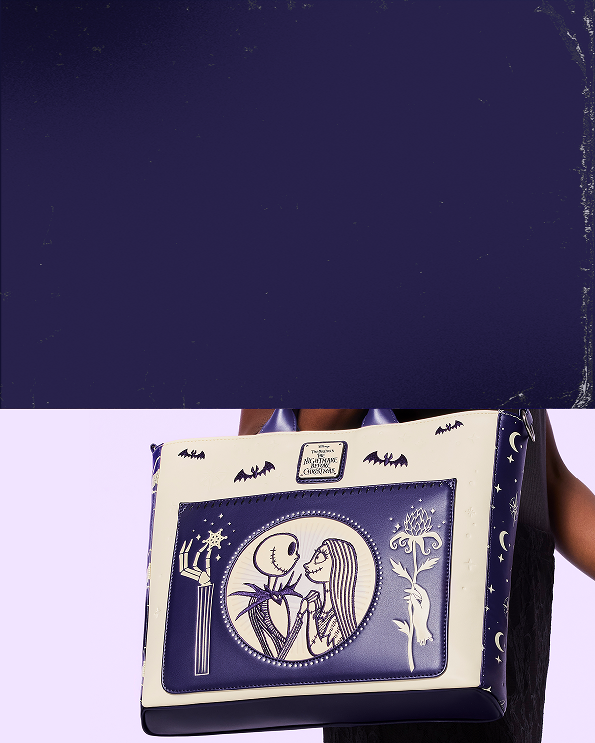 Dark Blue/Purple background with lifestyle of Loungefly Disney Nightmare Before Christmas Tote bag