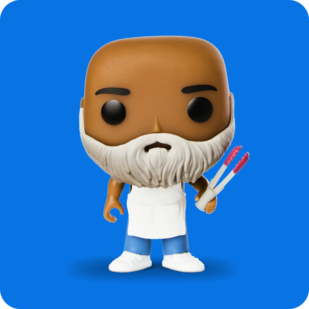 Blue background image with Funko POP! Yourself vinyl figure of Dad with accessories