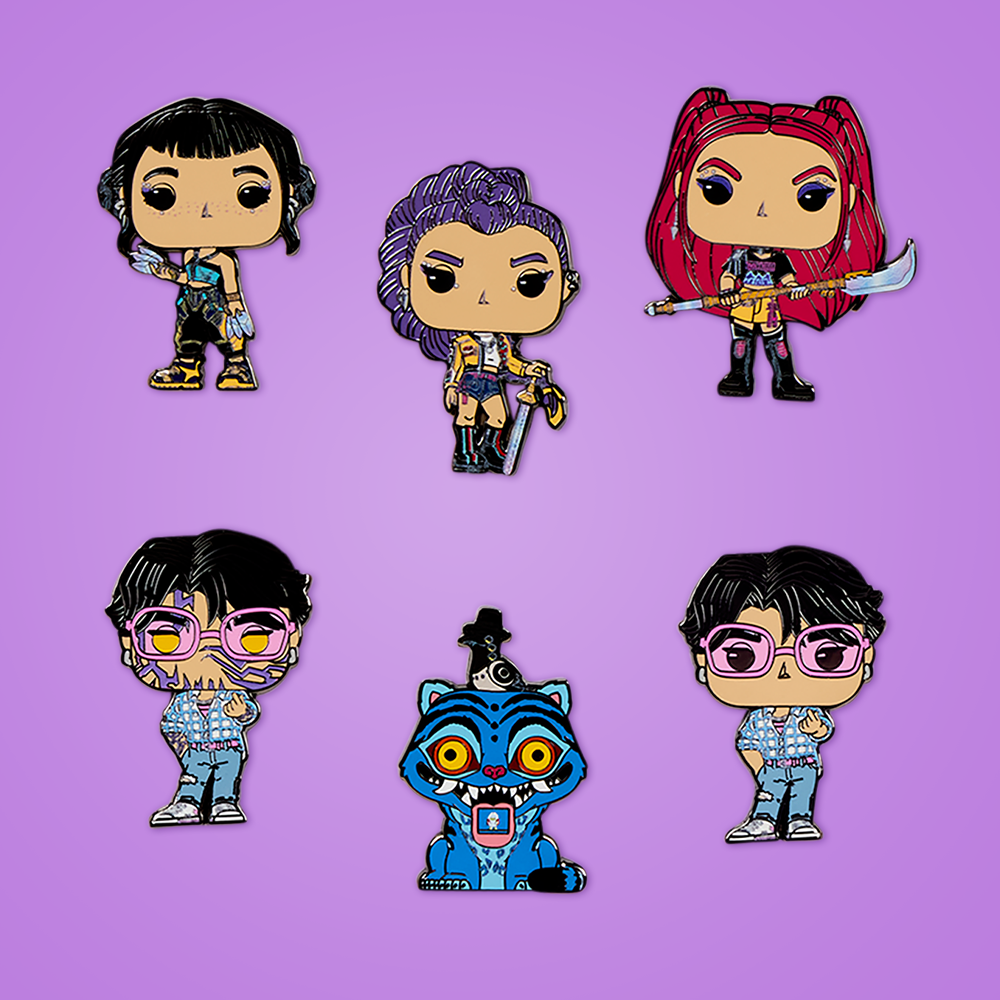 Purple background featuring Loungefly KPop Demon Hunters Mystery Pins