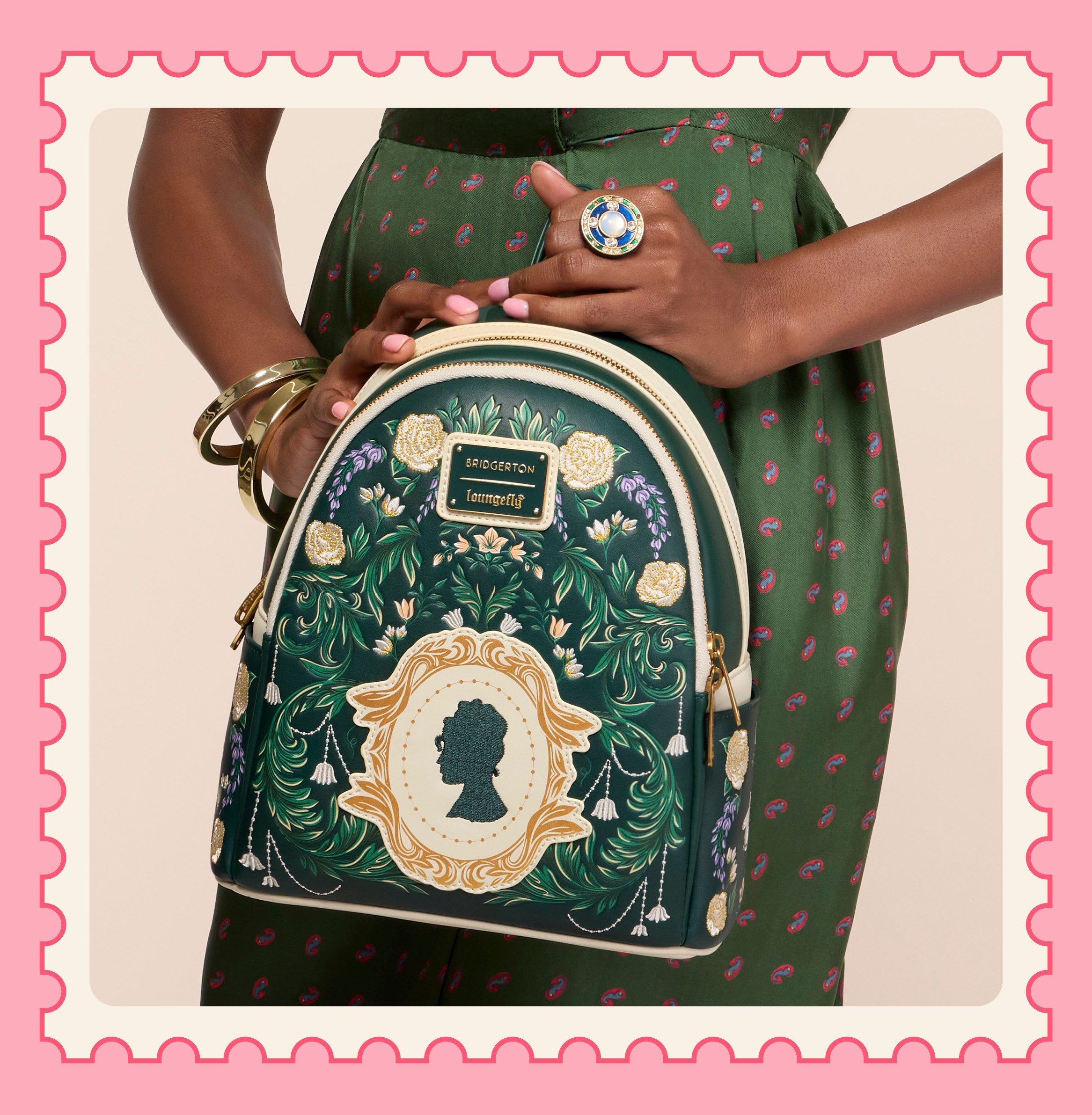 Pink background with model showcasing Loungefly Netflix Bridgerton mini backpack