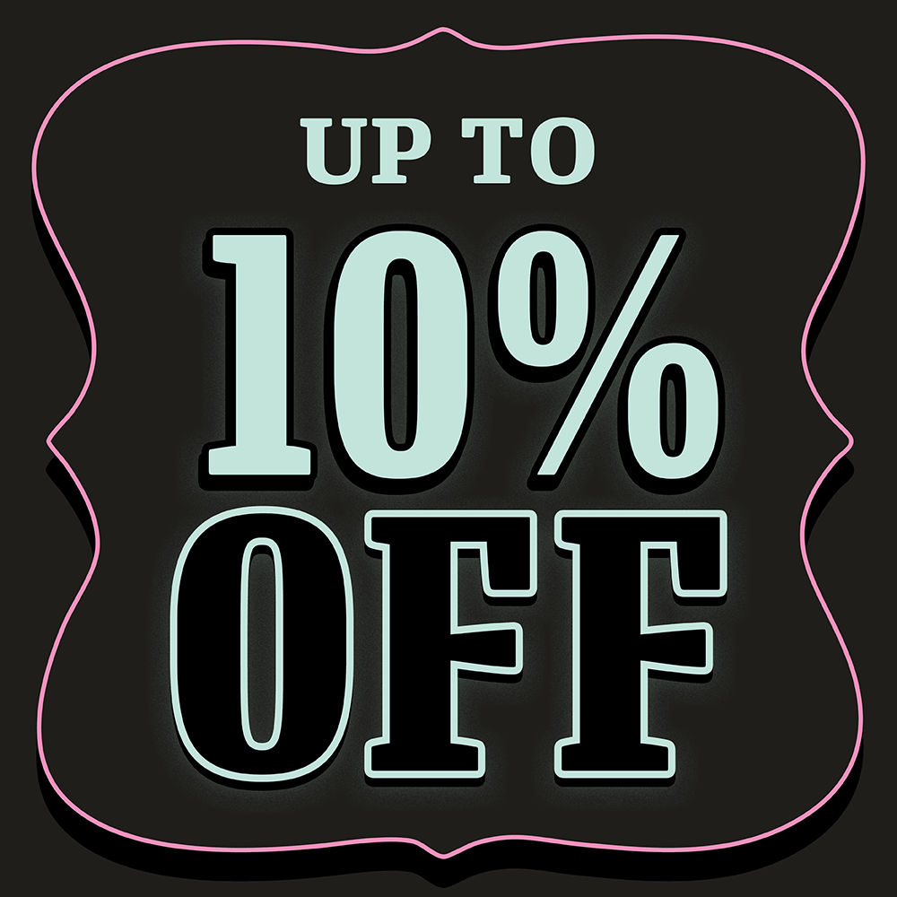 Black background with Pink border with Teal text for Loungefly's Black Friday sale. Click now to shop up to 10% off!