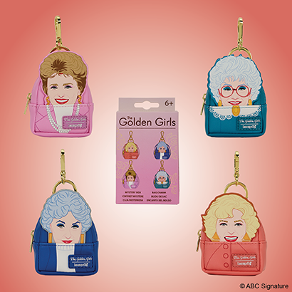 Orange background featuring Loungefly Golden Girls Mystery Mini Backpack Charms