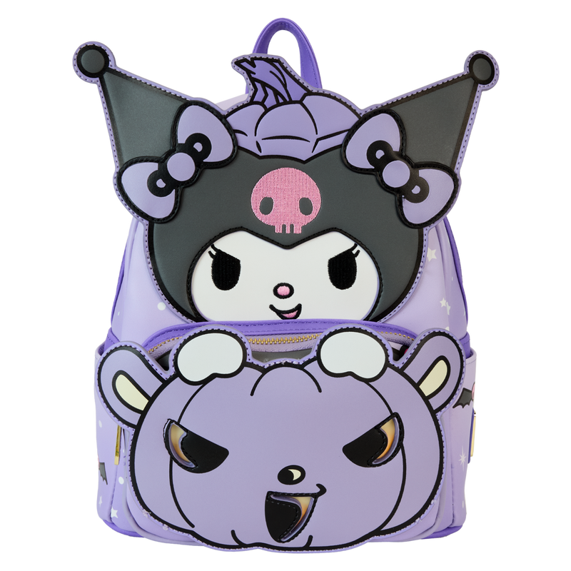 Purple Loungefly mini backpack featuring Kuromi in appliqué detail above a purple jack-o'-lantern that lights up. The backpack sits against a white background.