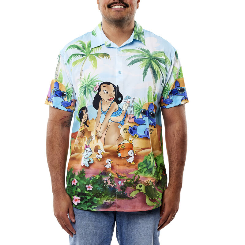 Man wearing the Lilo and Stitch Camp Shirt, featuring a beach scene with Lilo, Nana, Stitch, and Scrump on the front. 