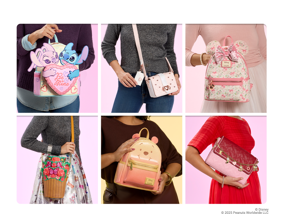 Collage of Loungefly Valentine's Day styles with styles inspired by Disney, Peanuts and more!