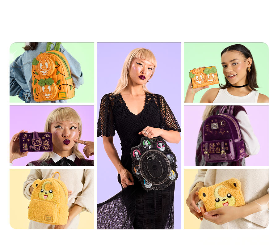 Green, Purple, Pink, and Yellow collage of models showcasing Loungefly August Exclusives collection