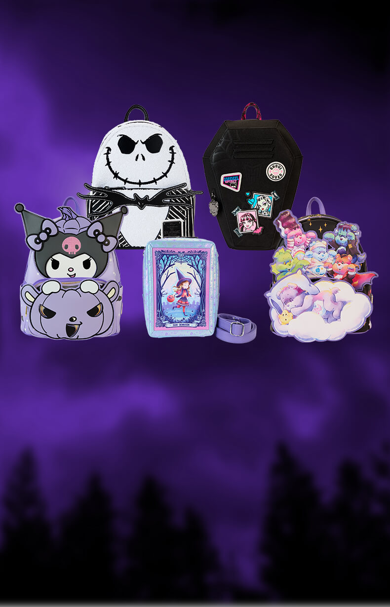 Purple black spooky background featuring Halloween accessories with licenses like Nightmare Before Christmas, Care Bears, Sanrio and Monster High