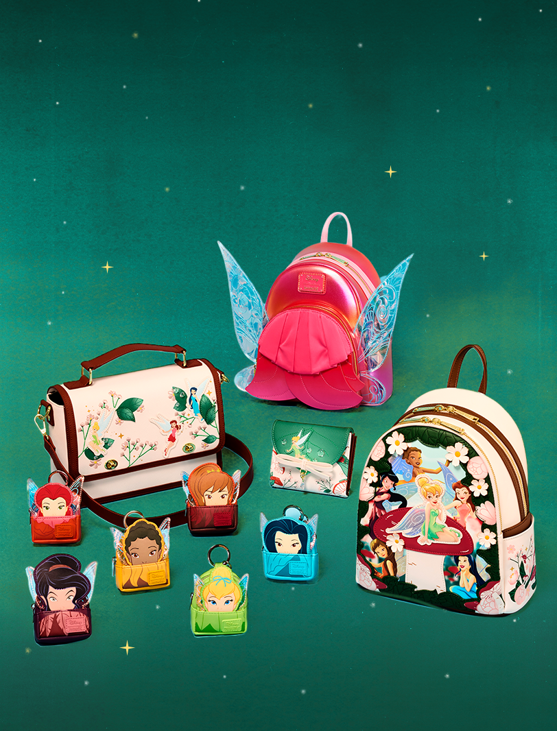 Green gradient background featuring magic sparkles and Loungefly Disney Fairies collection