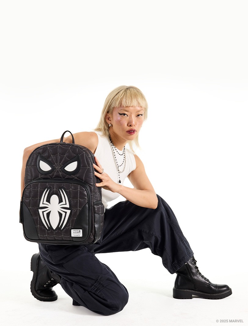 White background with model showcasing Loungefly Marvel Spider-Man collection