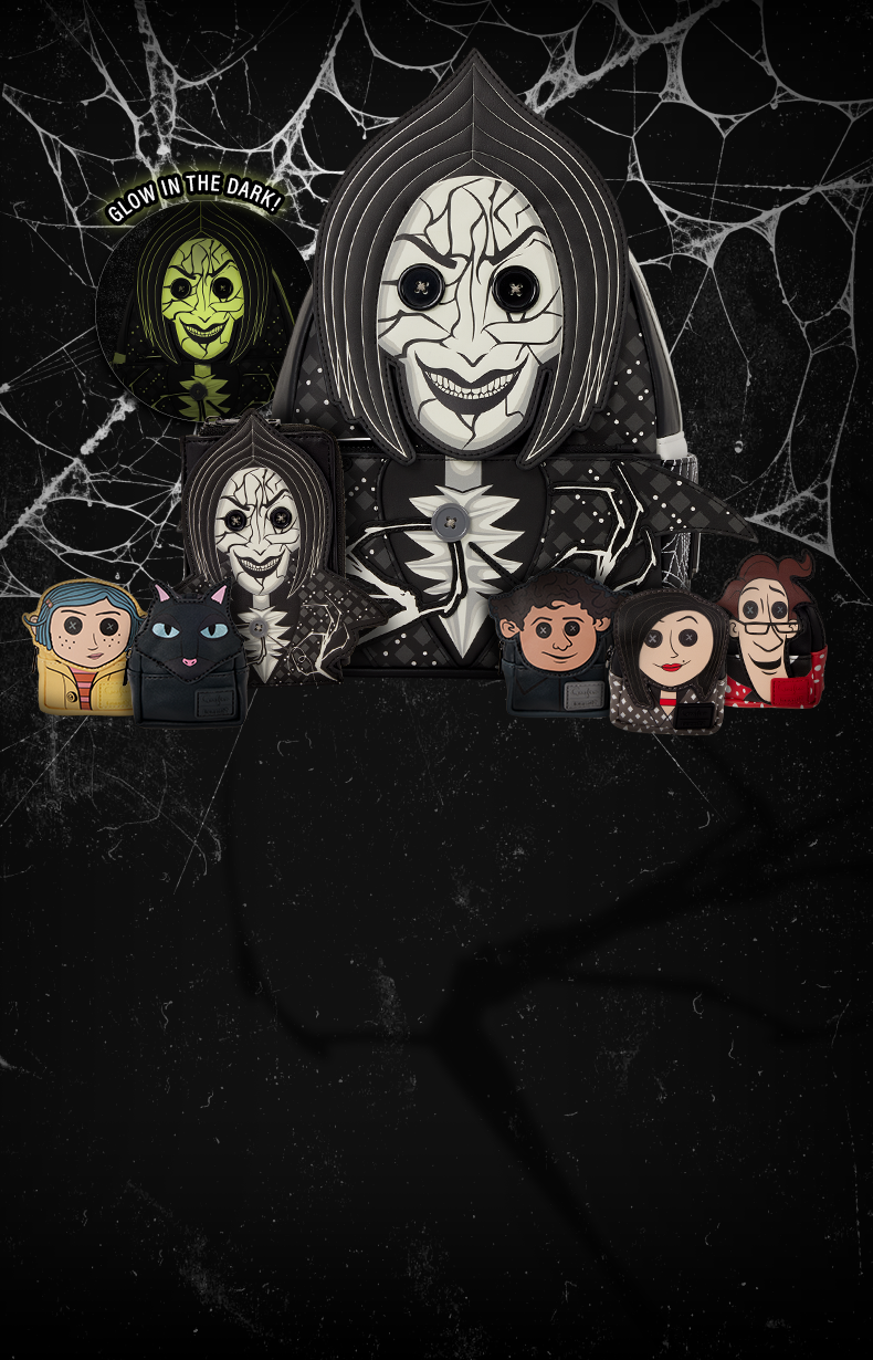 Black grainy, grunge background with spiderweb featuring Loungefly Laika Coraline collection