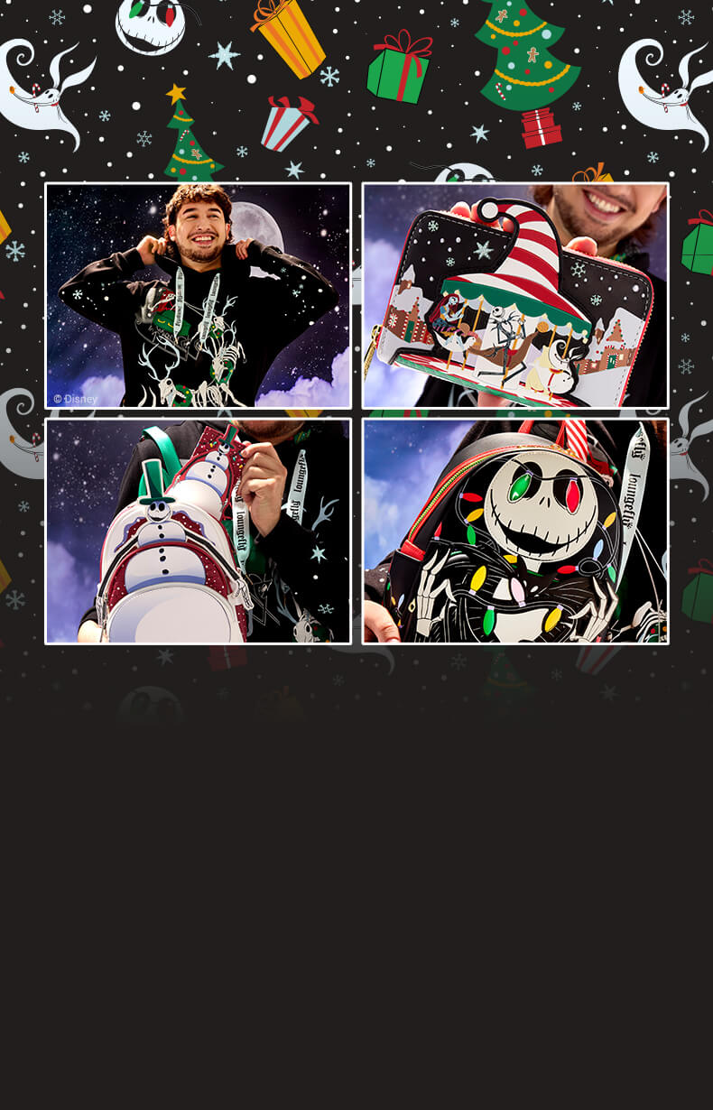 Black background with Disney Nightmare Before Christmas pattern featuring Loungefly NBC Holiday collection