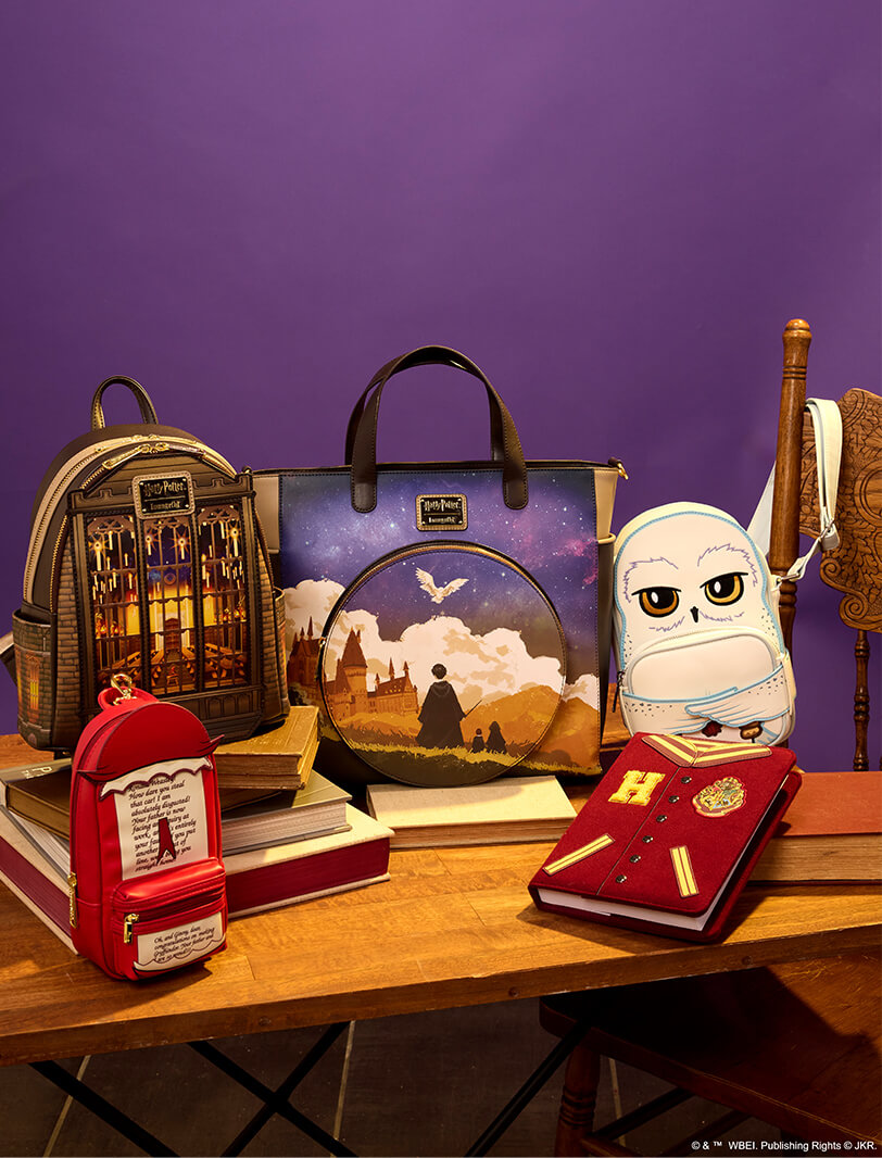 Purple background with wood table featuring Loungefly Warner Brothers November Harry Potter collection