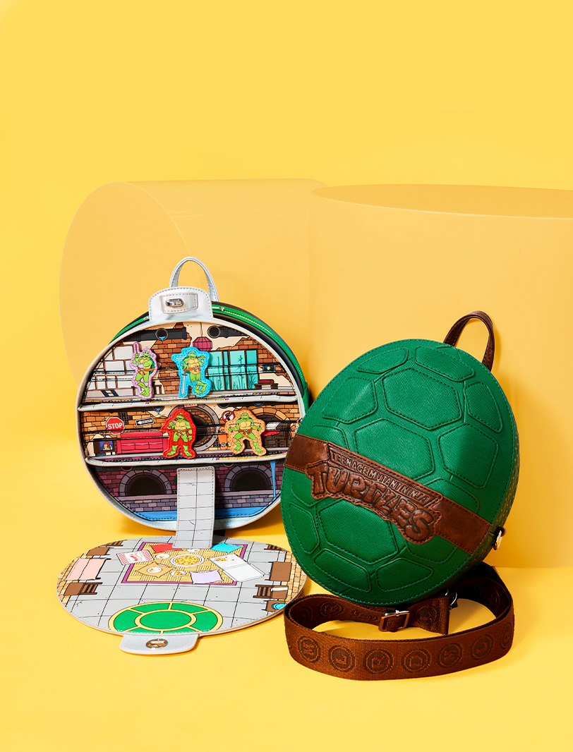 Yellow background featuring May Loungefly Nickelodeon TMNT collection