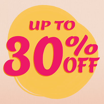 Tan background with Yellow circle and Pink text messaging "Up to 30% Off" styles. Click to shop now!