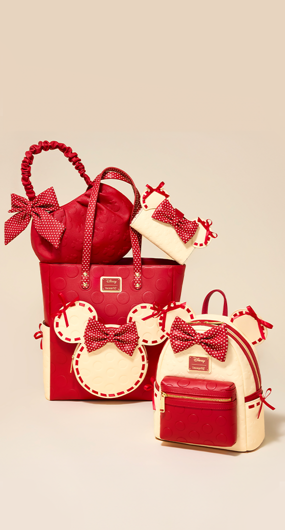 Tan background featuring Loungefly Disney Minnie Mouse Rocks the Dots collection