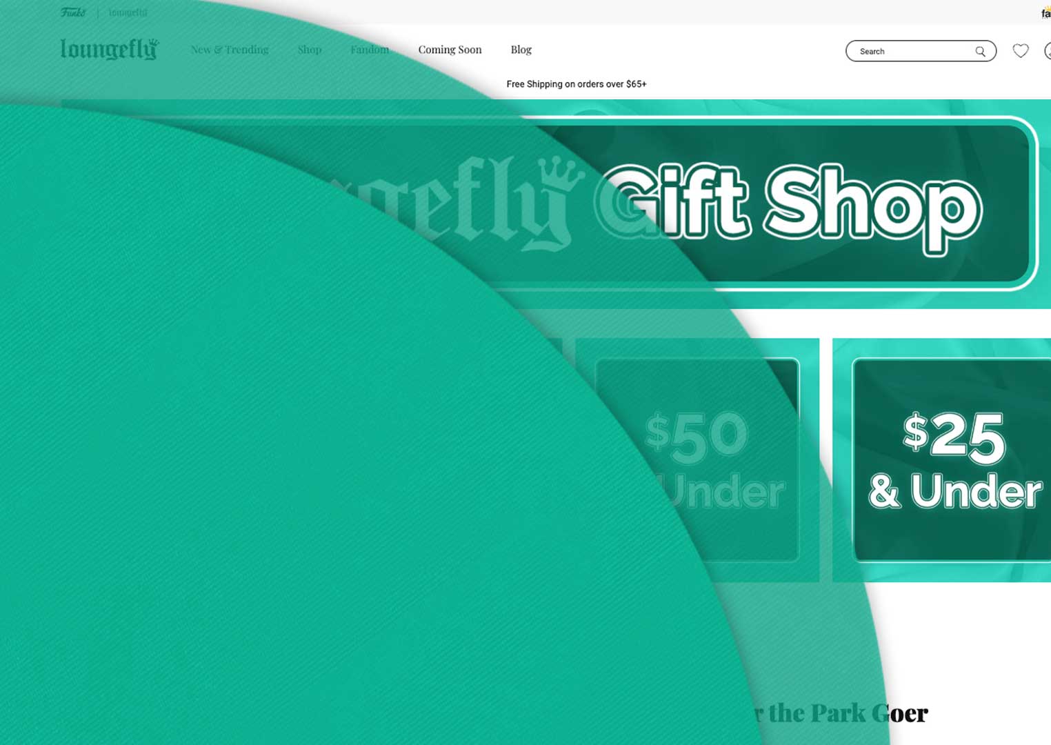 Dark Teal circles showcasing Loungefly Gift Shop landing page