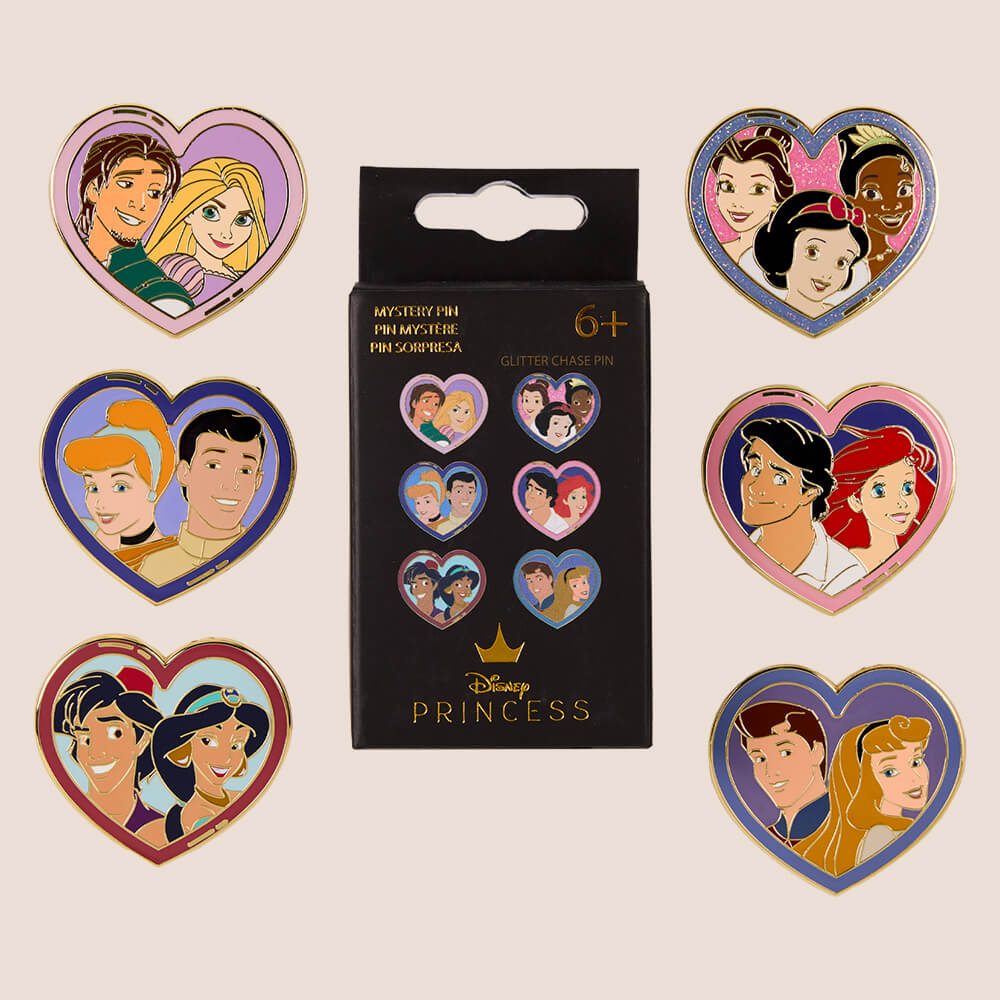Tan background featuring Loungefly May Disney Princess & Prince Mystery Pins