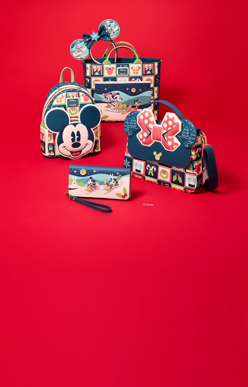 Red product background featuring Loungefly October Disney MIckey & Friends Holiday Collection
