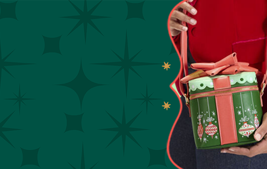 Green holiday background with Orange border showcasing Loungefly Holiday styles