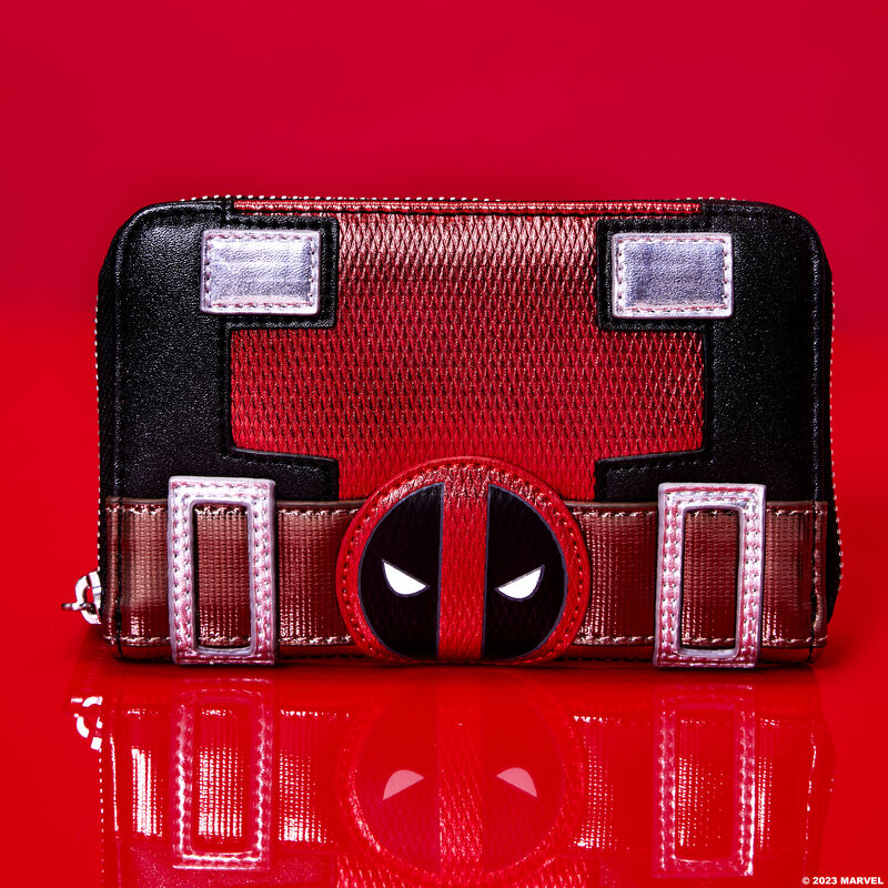 Image of our Loungefly Marvel Metallic Deadpool Wallet against a red background 