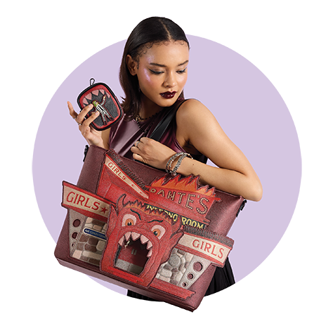 Circle-cropped photo with Purple background and model showcasing Loungefly Beetlejuice Tote Bag