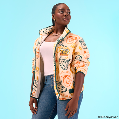 Light Blue background with model wearing Loungefly Pixar Toy Story apparel