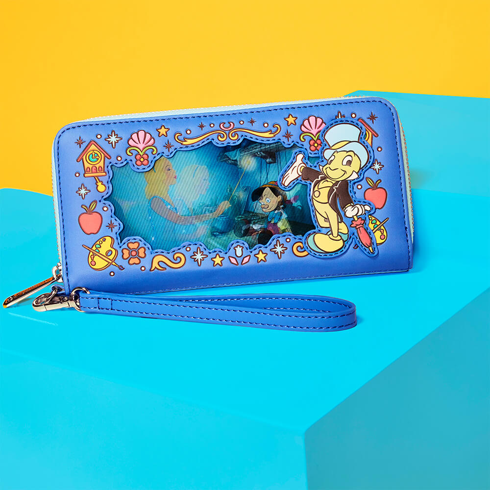 Yellow Blue product background featuring Loungefly Disney Pinocchio Lenticular Zip-Around Wallet