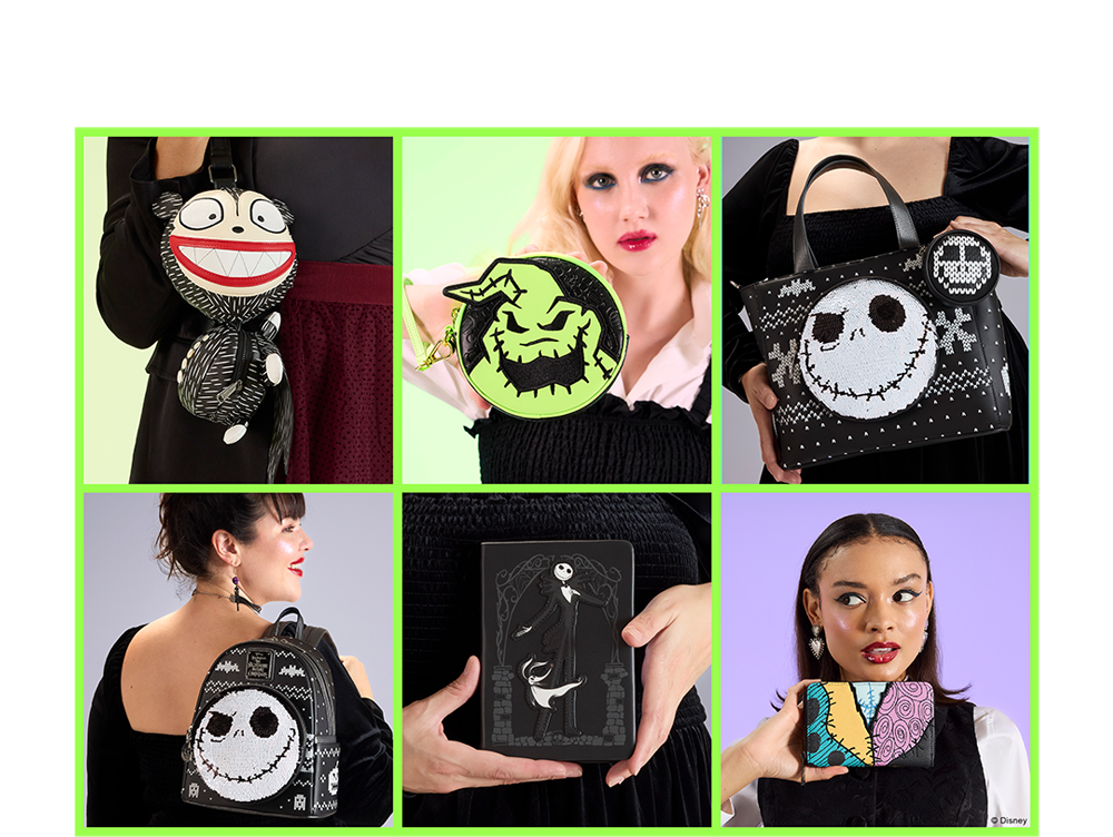 Green collage with models showcasing Loungefly Disney Nightmare Before Christmas accessories