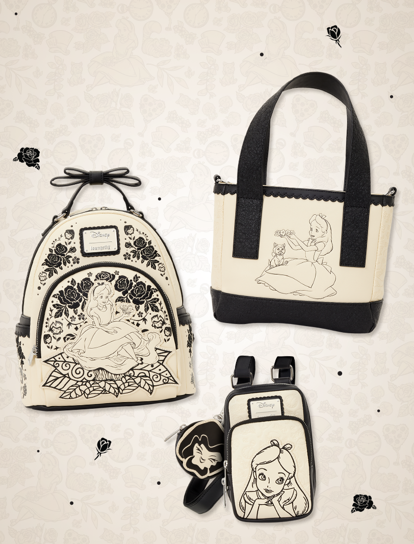 Tan background with Alice in Wonderland seamless pattern featuring Loungefly Disney Alice in Wonderland collection