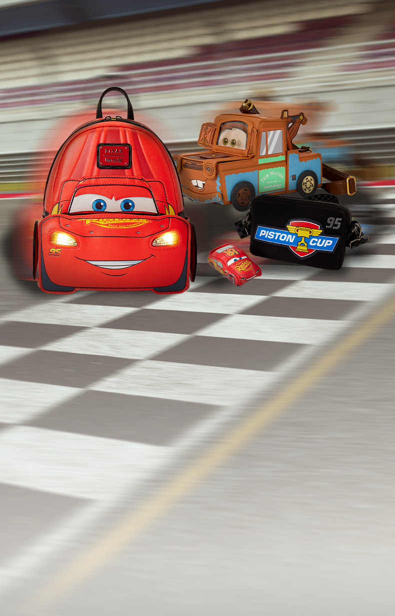 Blurred racetrack background with finish line featuring Loungefly Disney Pixar Cars 20th Anniversary collection