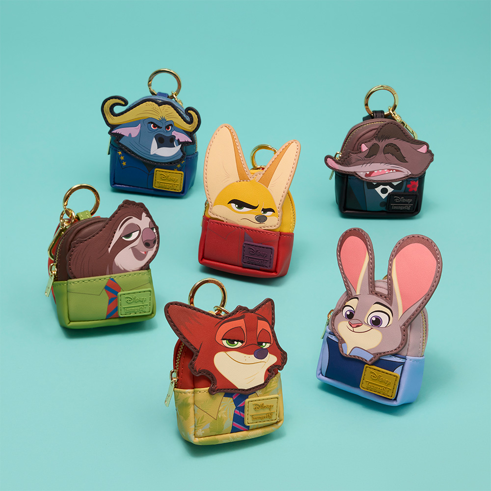 Teal background with Loungefly Disney Zootopia Mystery Mini Backpack Keychains