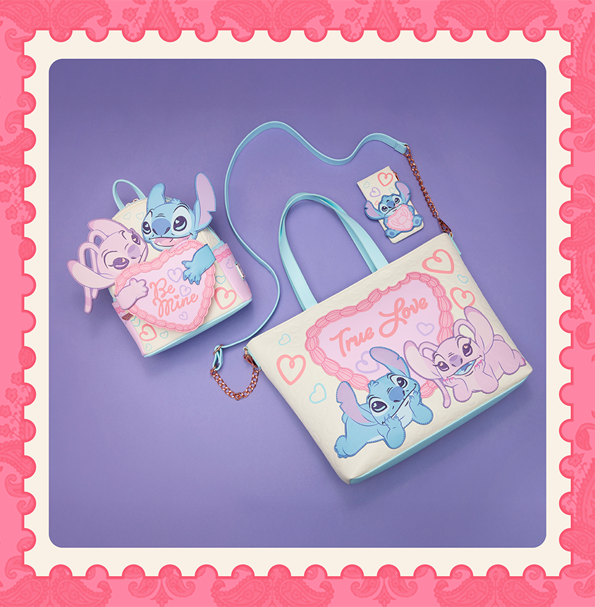 Purple product background with Loungefly Disney Lilo & Stitch Valentine's Day collection with postcard stamp border