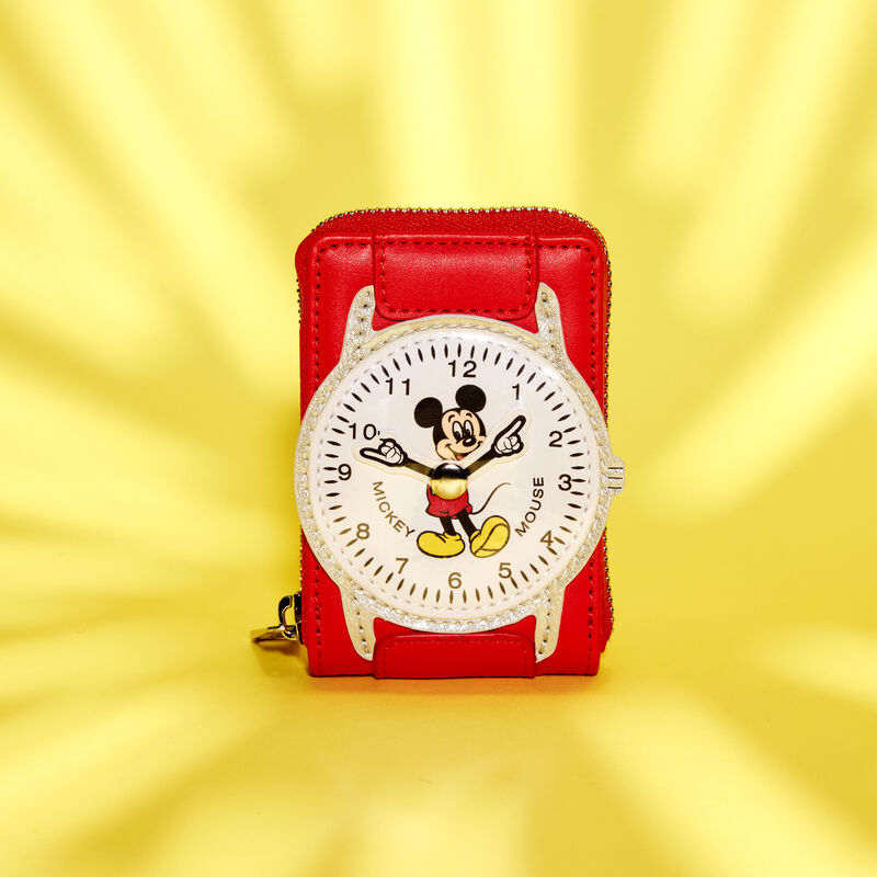 Image of the Mickey Mouse Vintage Watch Zip Around Wallet against a bright yellow background