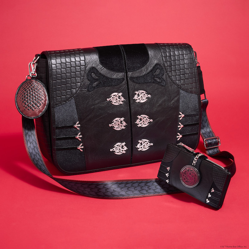 The Loungefly House of the Dragon Rhaenyra Targaryen Messenger Bag and coordinating wallet sitting against a light red background