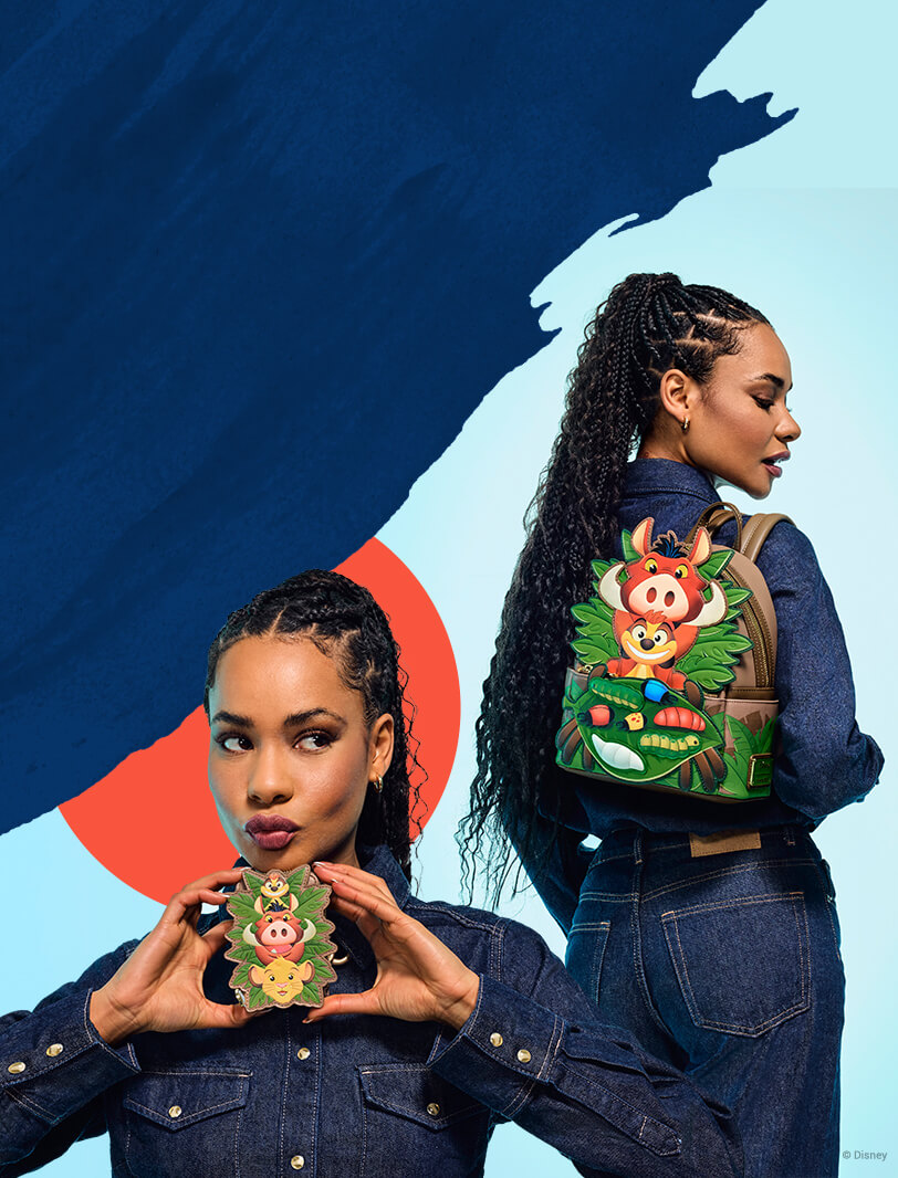 Dark Blue textured background with model showcasing Loungefly April The Lion King Grubs Exclusive collection